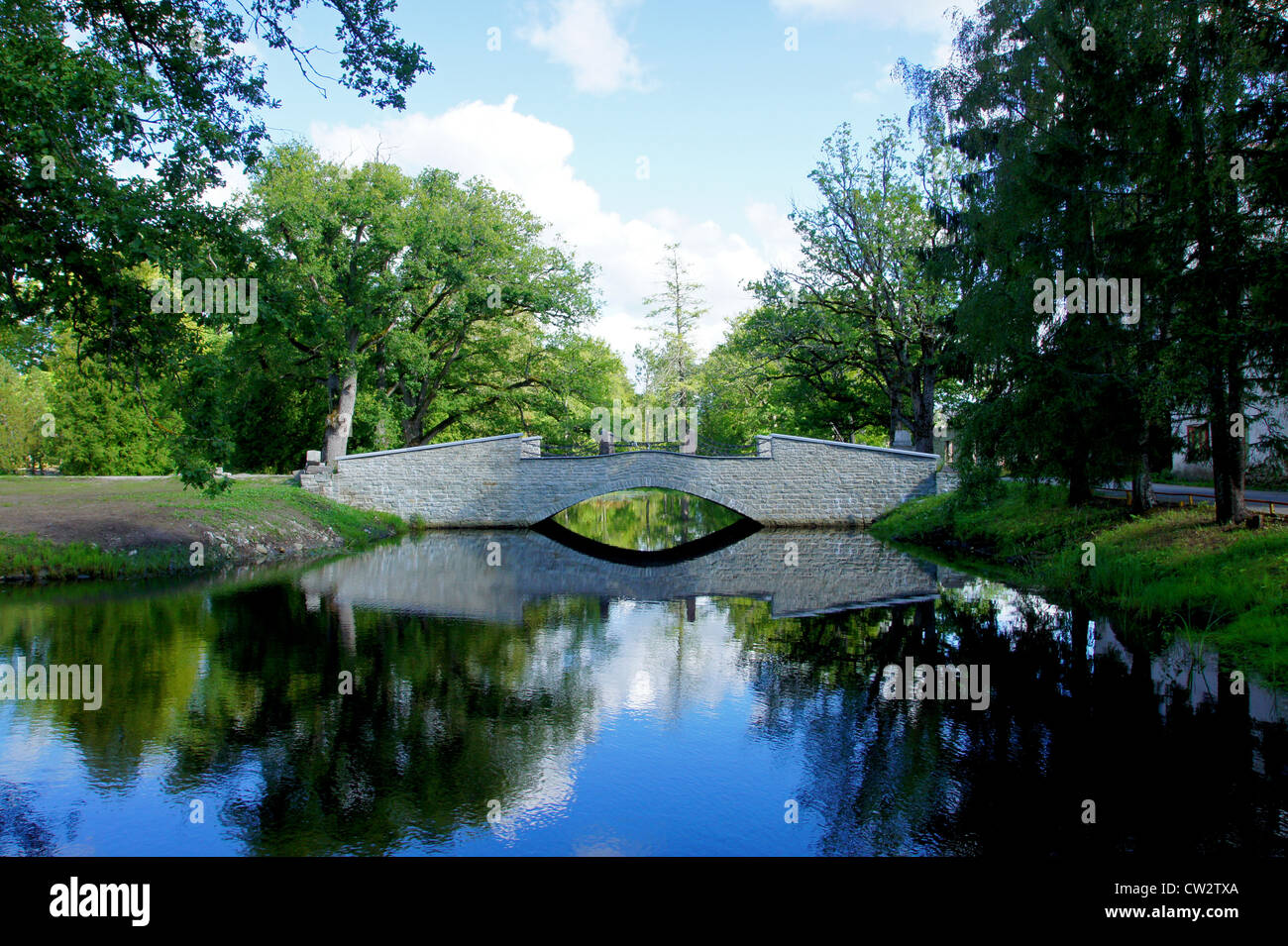 Die weiße Brücke auf einem Hintergrund von einem Teich und Bäumen Stockfoto