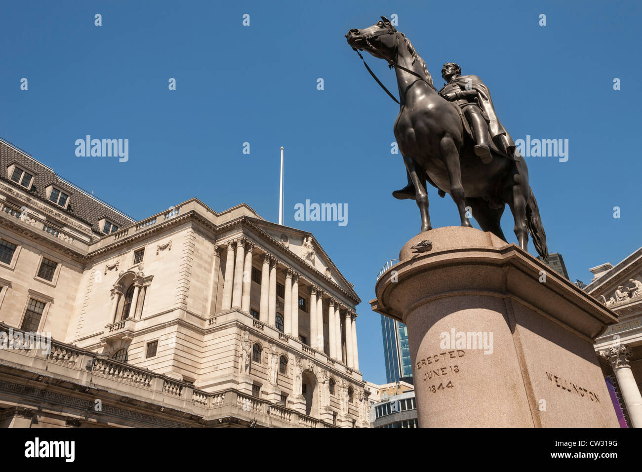 Die Bank von England und Herzog von Wellington Statue, Threadneedle Street, London, England Stockfoto