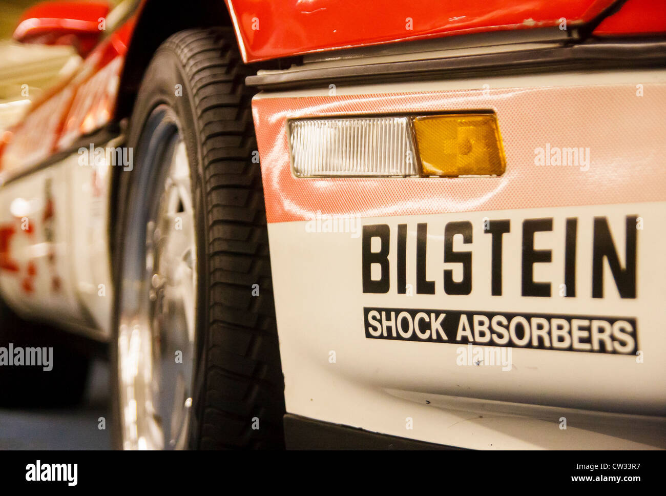 Bilstein-Stoßdämpfer-Aufkleber auf Stoßstange eines Rennwagens Stockfoto