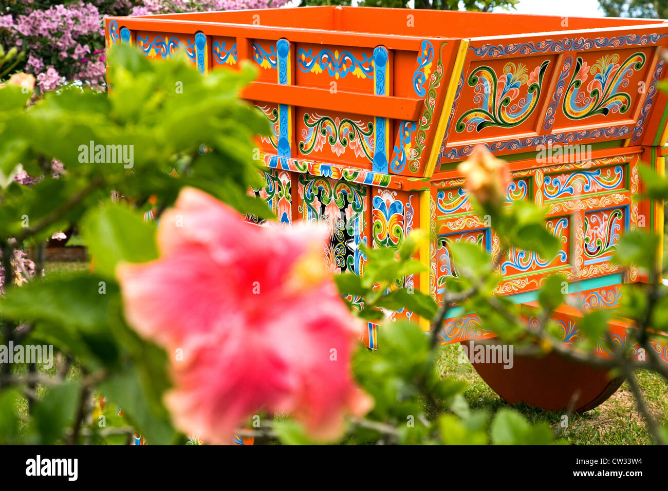 Hibiskus und bemalten Wagen, hell, mit color.brighten der Garten Sarchi Crafts Center in Costa Rica.  Nur zur redaktionellen Verwendung. Stockfoto