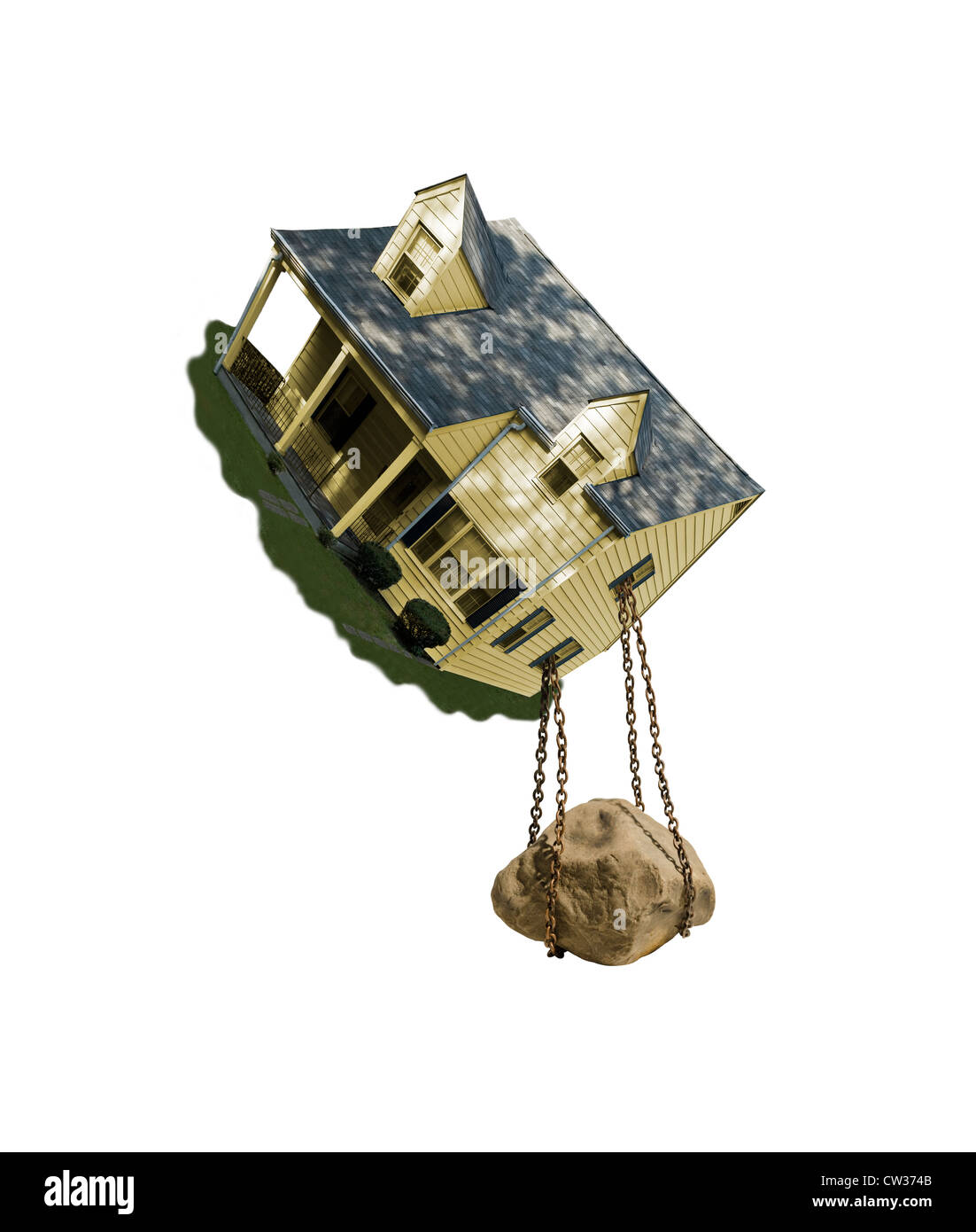 Felsen angekettet an Haus fallen durch Luft Stockfoto