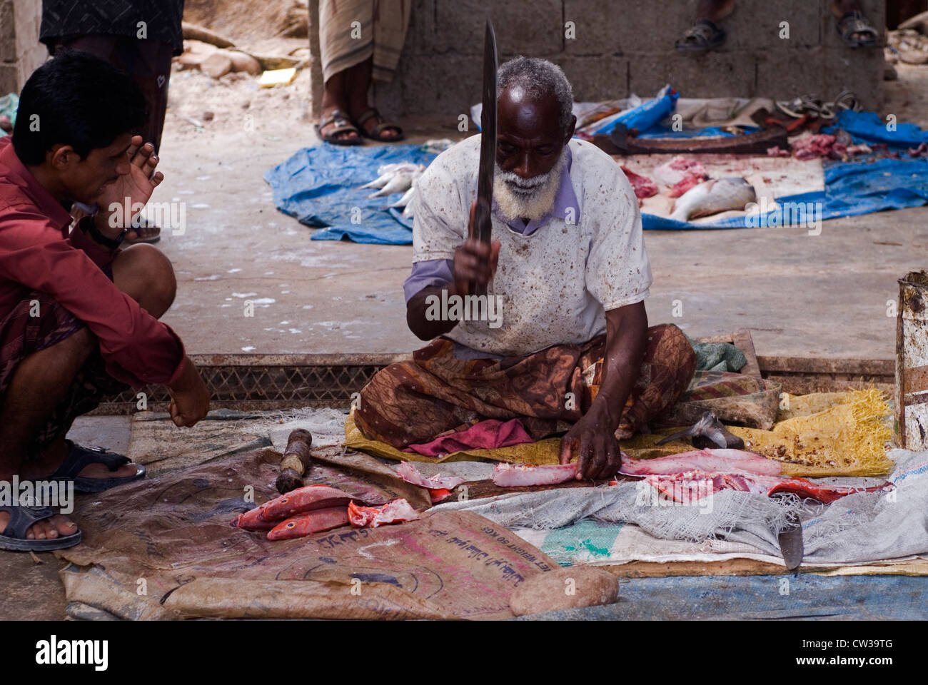 Der Fischmarkt auf der arabischen Halbinsel Hadibo Strand, Insel Sokotra, Jemen, Westasien. Stockfoto