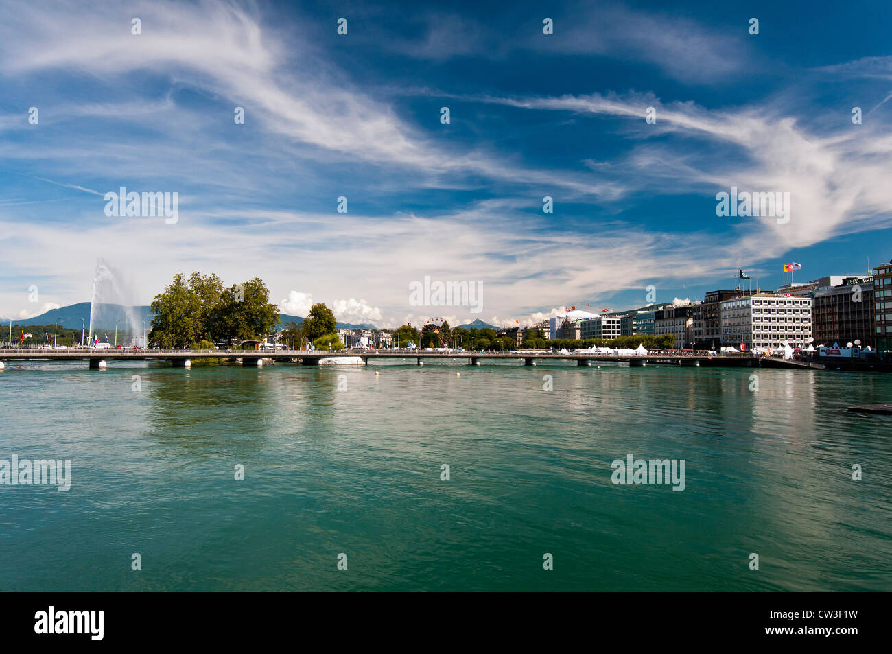 Panoramablick auf Genf mit Springbrunnen Jet d ' Eau Stockfoto