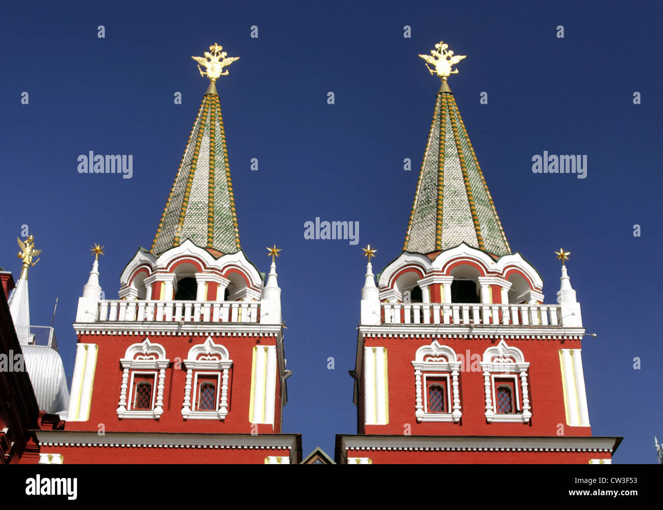 Moskau, die Türme des historischen Museums Stockfoto