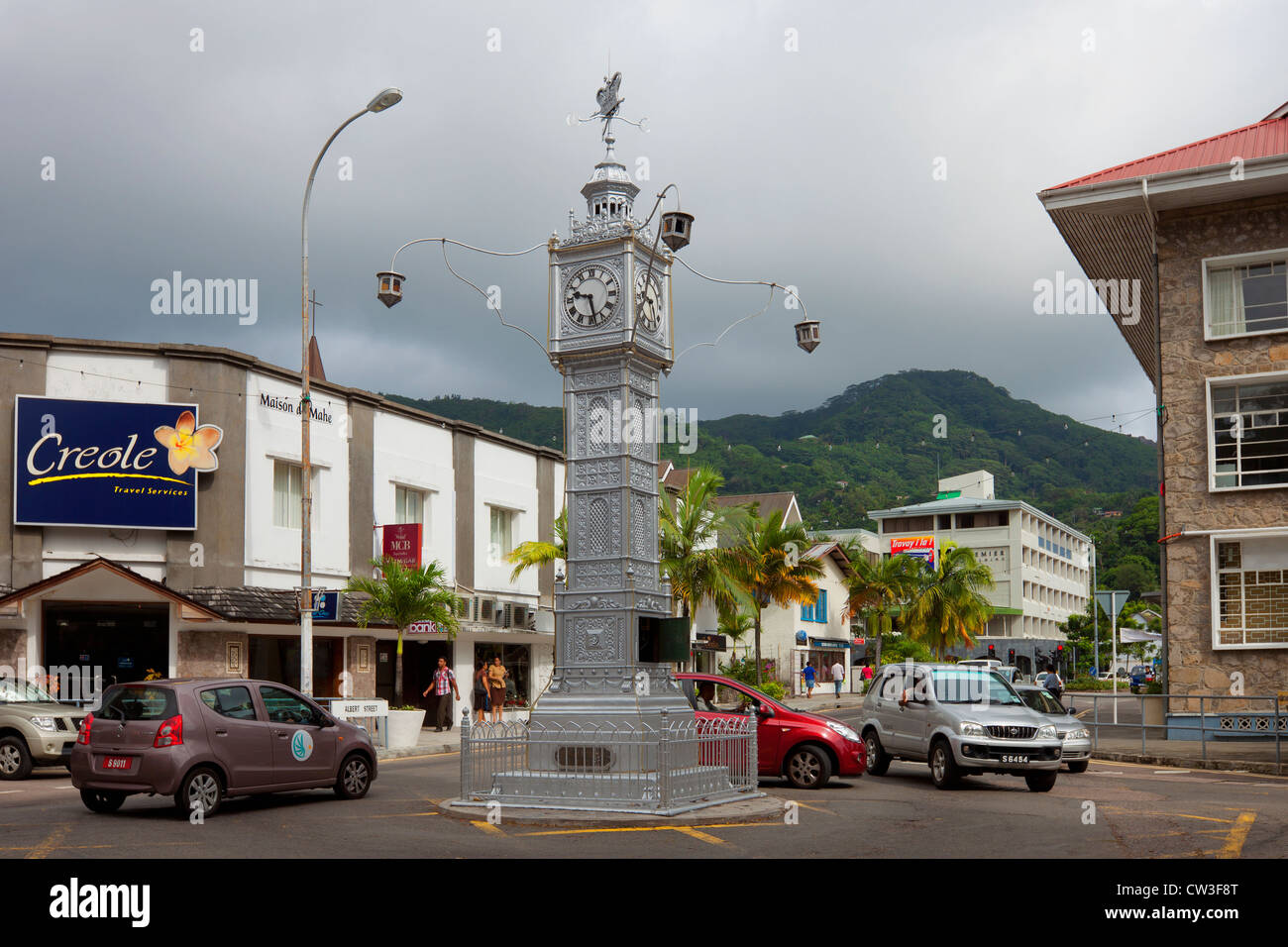 Ein Uhrturm in Victoria, Mahe, Seychellen Stockfoto