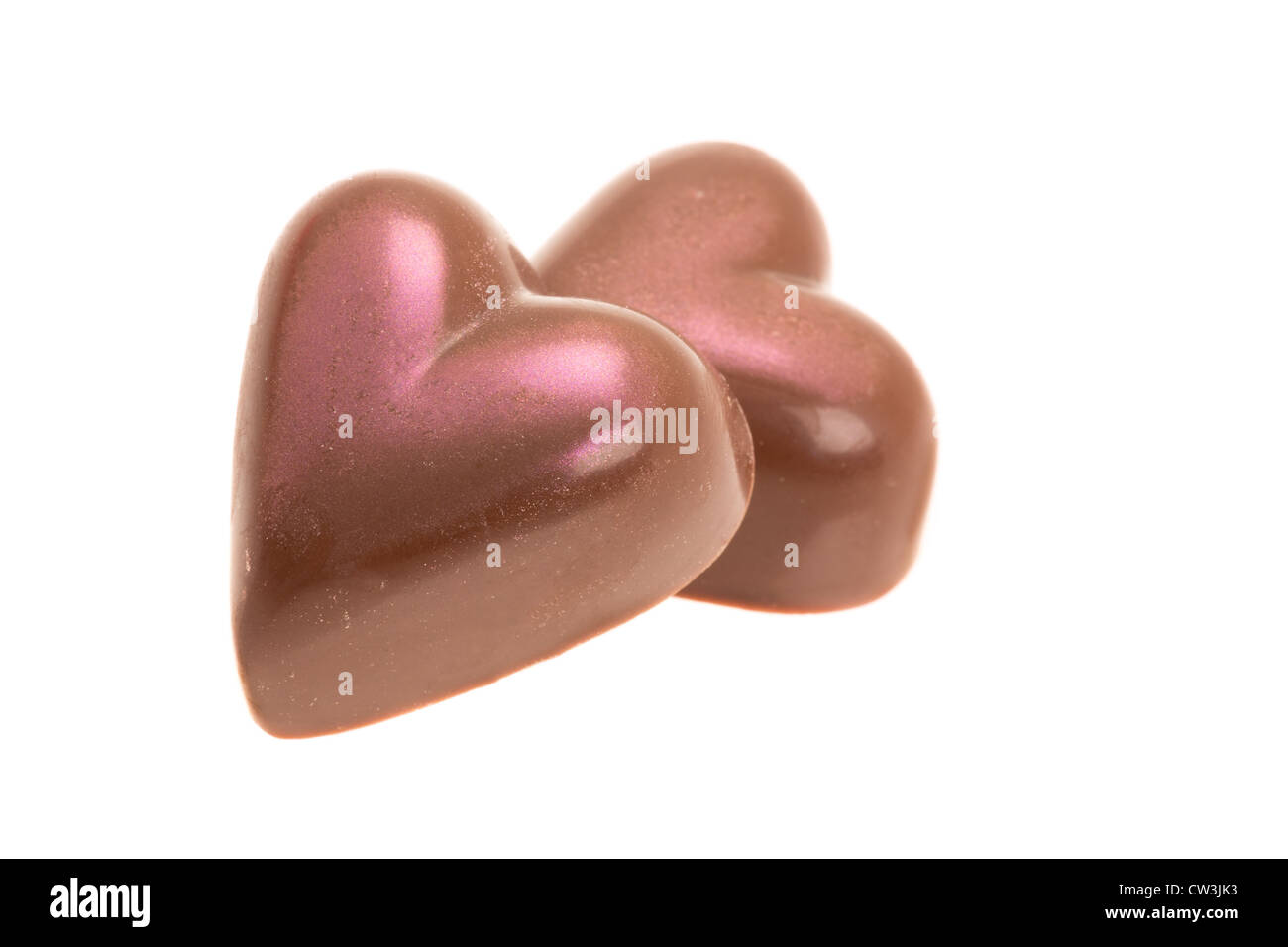 Zwei belgische Milchschokolade-Herzen, die eine weiche rosa Glasur - Studio gedreht mit einem weißen Hintergrund gegeben haben Stockfoto