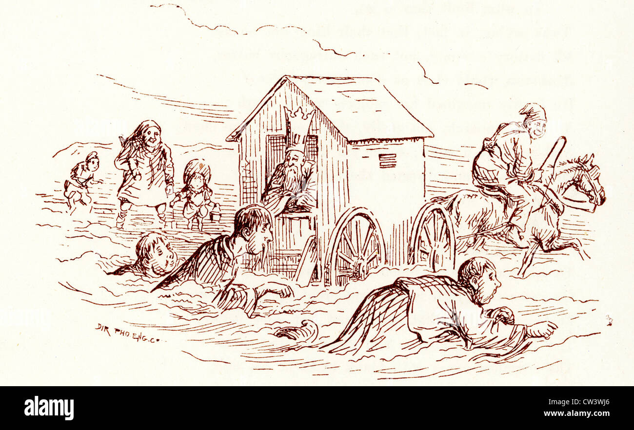 Comic-Skizze von T S selbst zeigt König Canute und seine Höflinge, die versucht, die Flut herein zu stoppen. Stockfoto