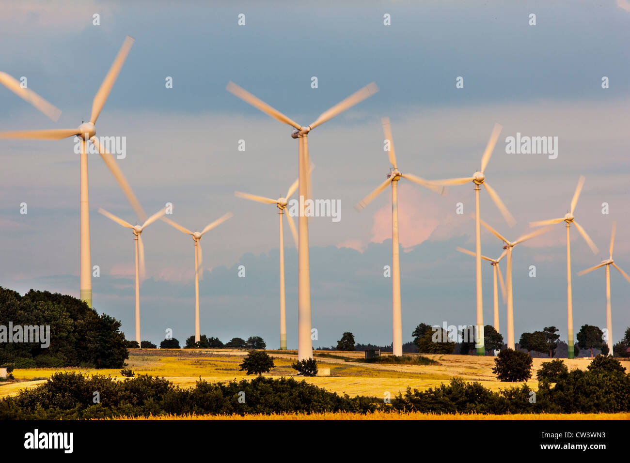 Windkraftanlagen, Wind-Kraft-Park, alternative Energiegewinnung. Meerhof, Nordrhein-Westfalen, Deutschland, Europa. Stockfoto