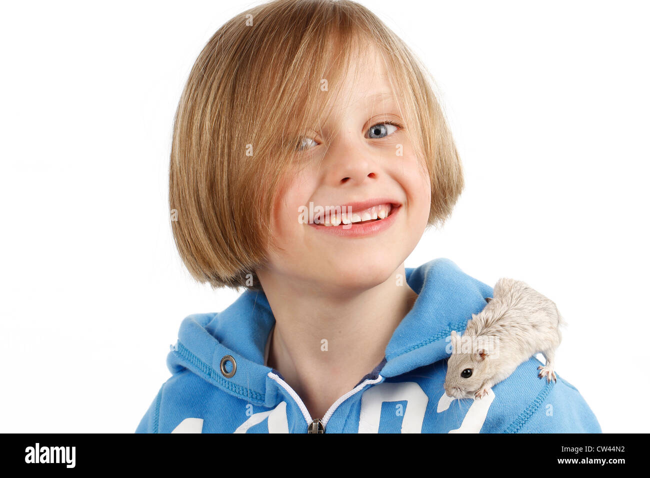 Lächelndes Kind mit einer domestizierten Wüstenrennmaus (Meriones Unguiculatus) auf seiner Schulter. Studio Bild vor einem weißen Hintergrund Stockfoto