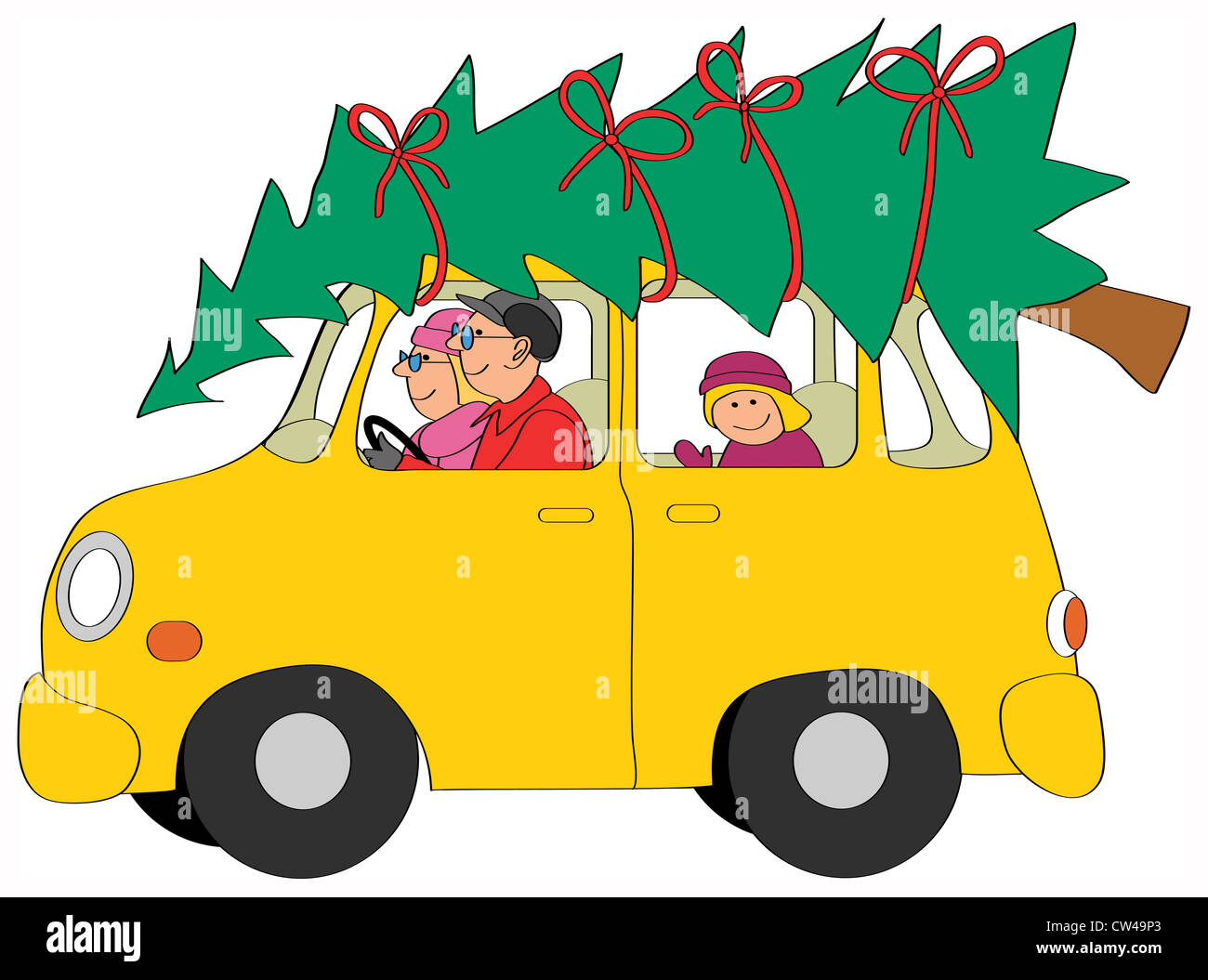 Familie Auto mit Weihnachtsbaum, Abbildung Stockfoto