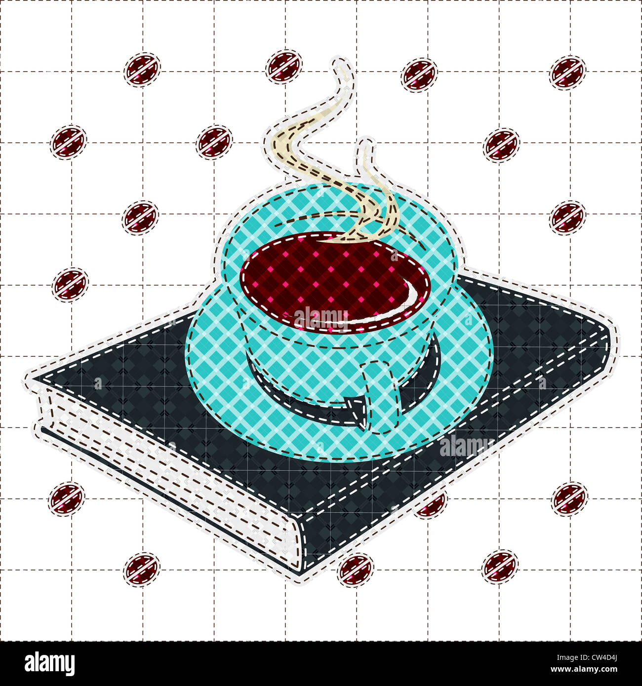 Illustrationen-Patchwork aus Kaffeetasse und Buch Stockfoto
