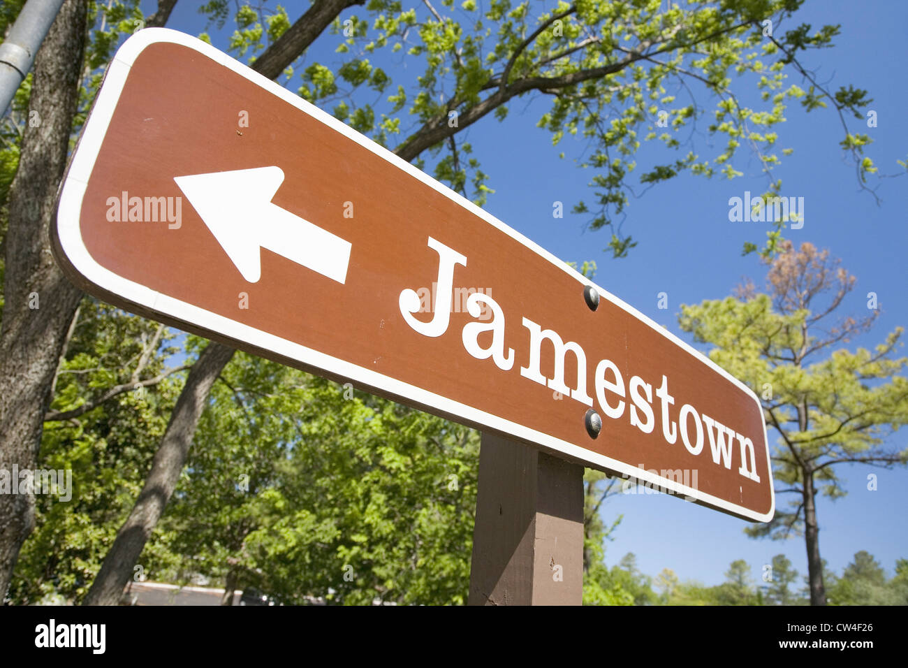 Straßenschild auf Jamestown Settlement in Colonial Williamsburg, Virginia, die Website der englischen Kolonie 1607 Stockfoto