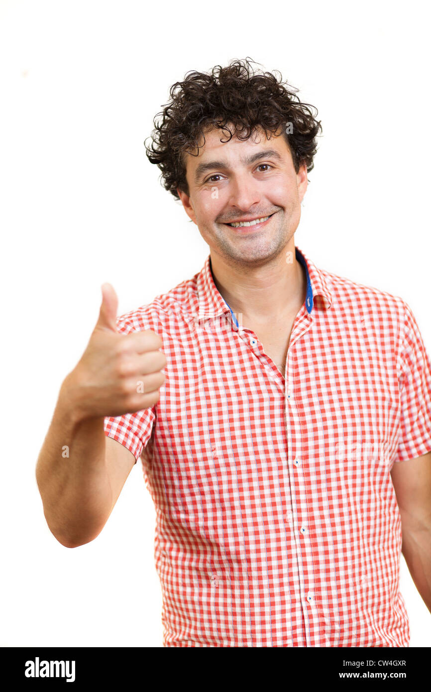 Junger Mann in einer positiven Einstellung, isoliert auf weißem Hintergrund Stockfoto