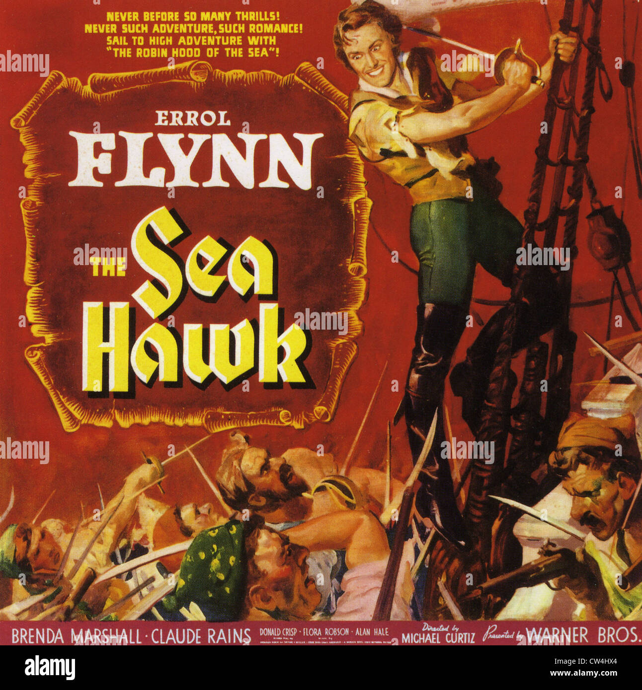 Das SEA HAWK-Plakat für 1940 film Warner Bros mit Errol Flynn Stockfoto