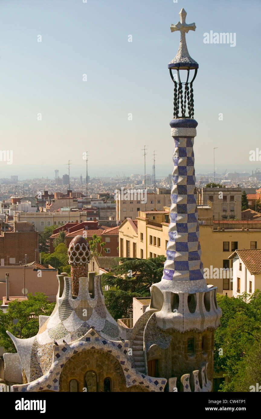 Zauberhafte Häuser von Antoni Gaudis Parc Güell, Barcelona, Spanien Stockfoto