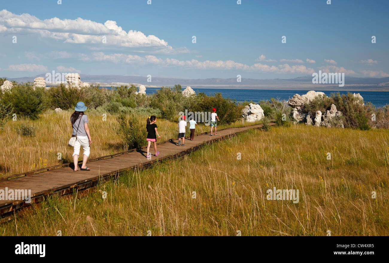 Familie auf der Promenade-Lehrpfad führt zu den Norden Ufer des Mono Lake in der östlichen Sierra Nevada Stockfoto