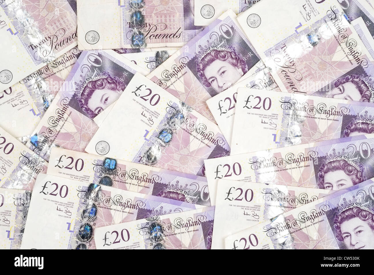 Ein Hintergrundbild der UK zwanzig Pfund-Noten Stockfoto