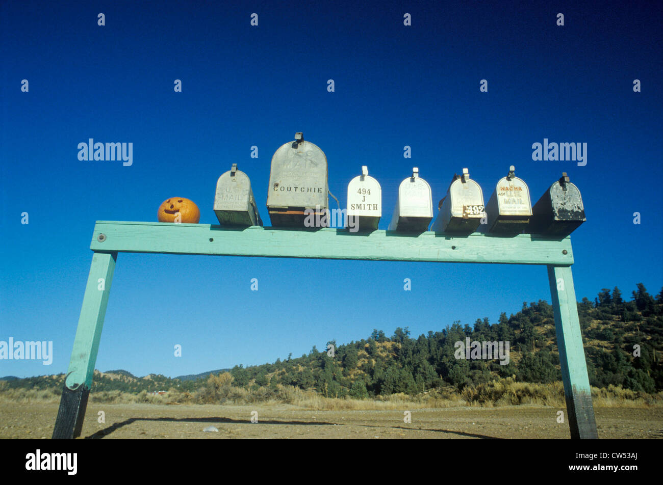 Reihe von Land Straße Postfächer und Kürbis auf Highway 33, Ojai, Kalifornien Stockfoto