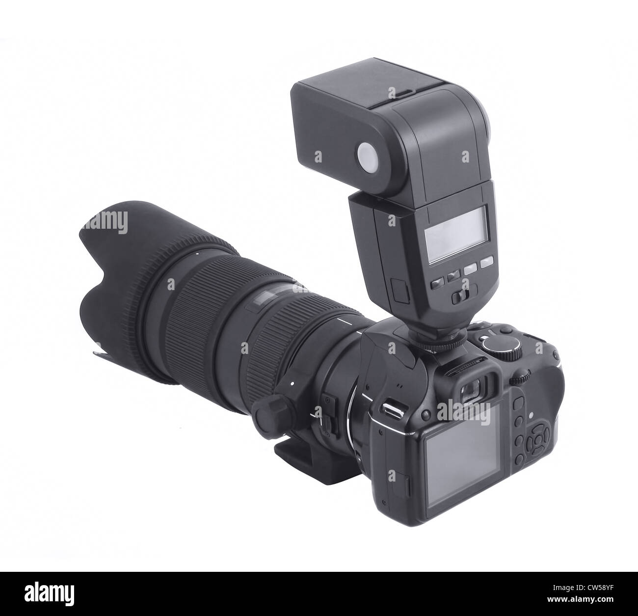 professionelle digitale Kamera mit großen Objektiv und Blitz isoliert Stockfoto