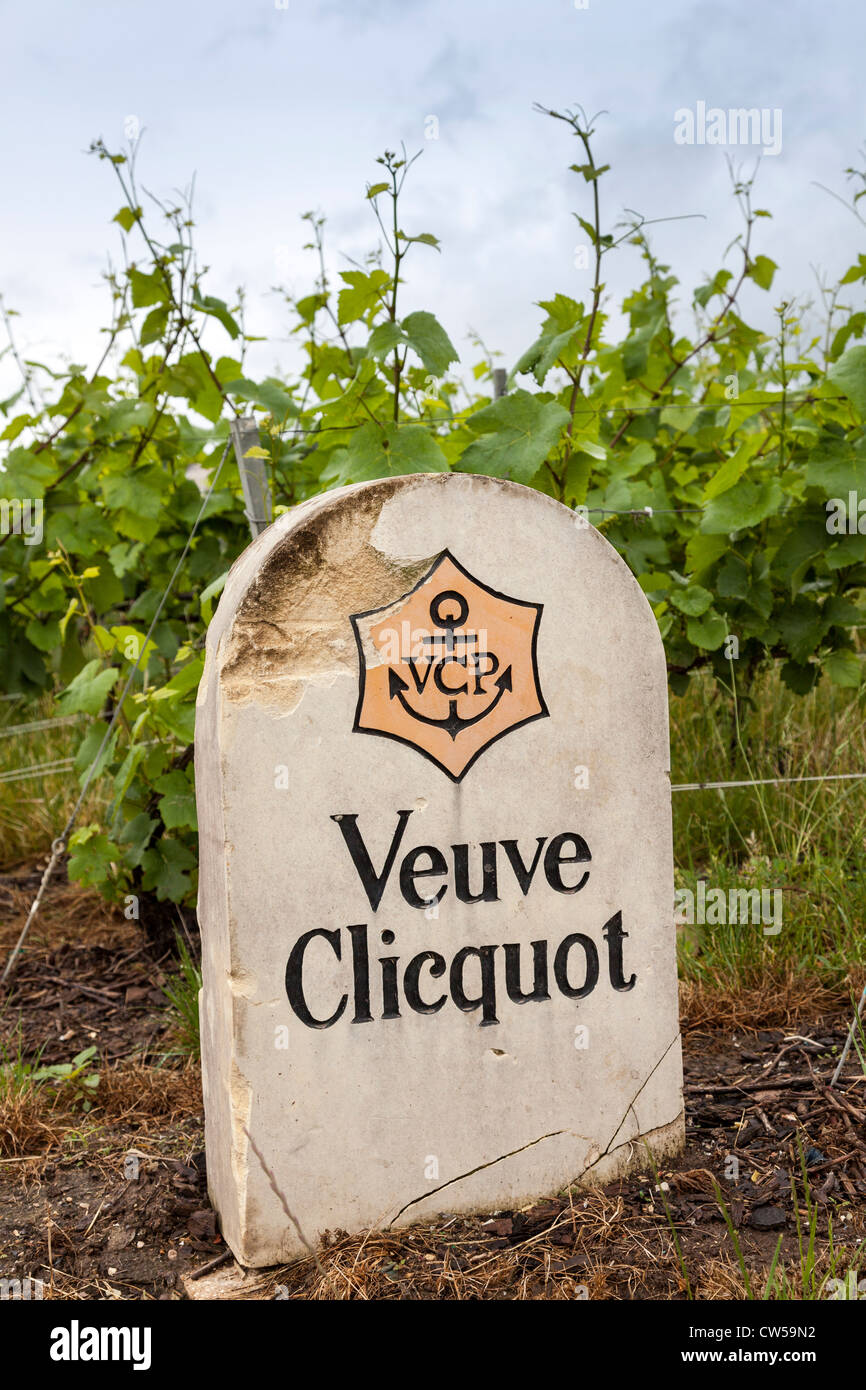Epernay, Frankreich, Europa. Weingut Namen posten.  Veuve Clicquot. Am Rande des Feldes Weinrebe in der Champagne. Stockfoto