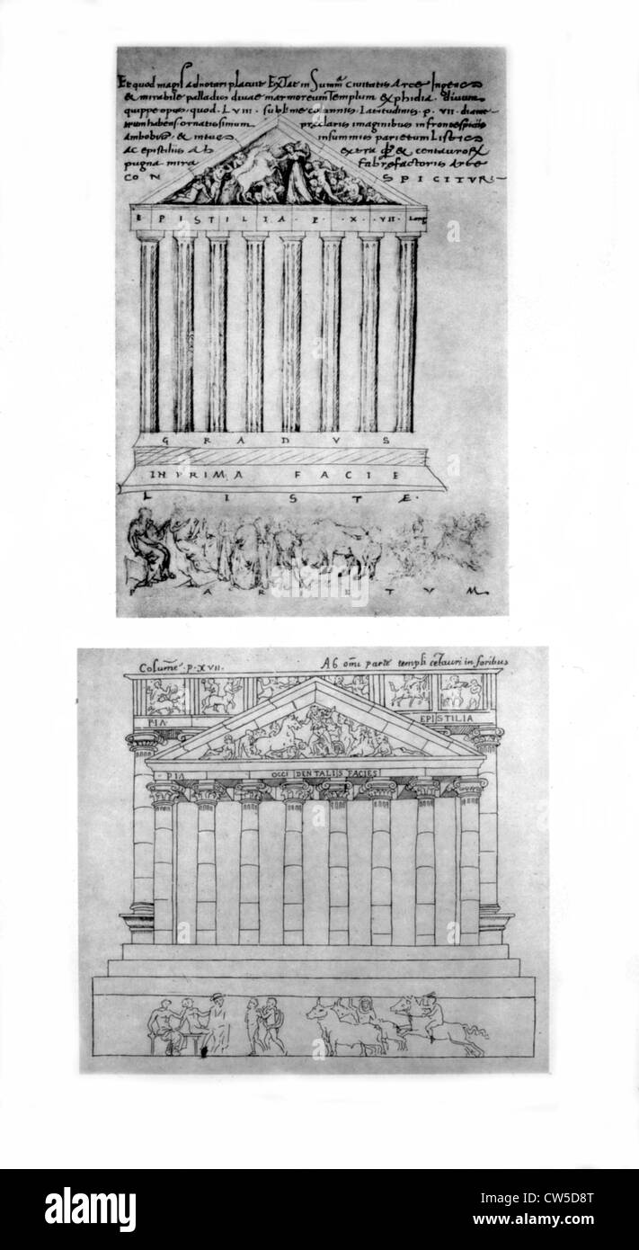 Zeichnungen von Ciriaco von Ancona und San Gallo. Athen, Parthenon: Westgiebel Stockfoto