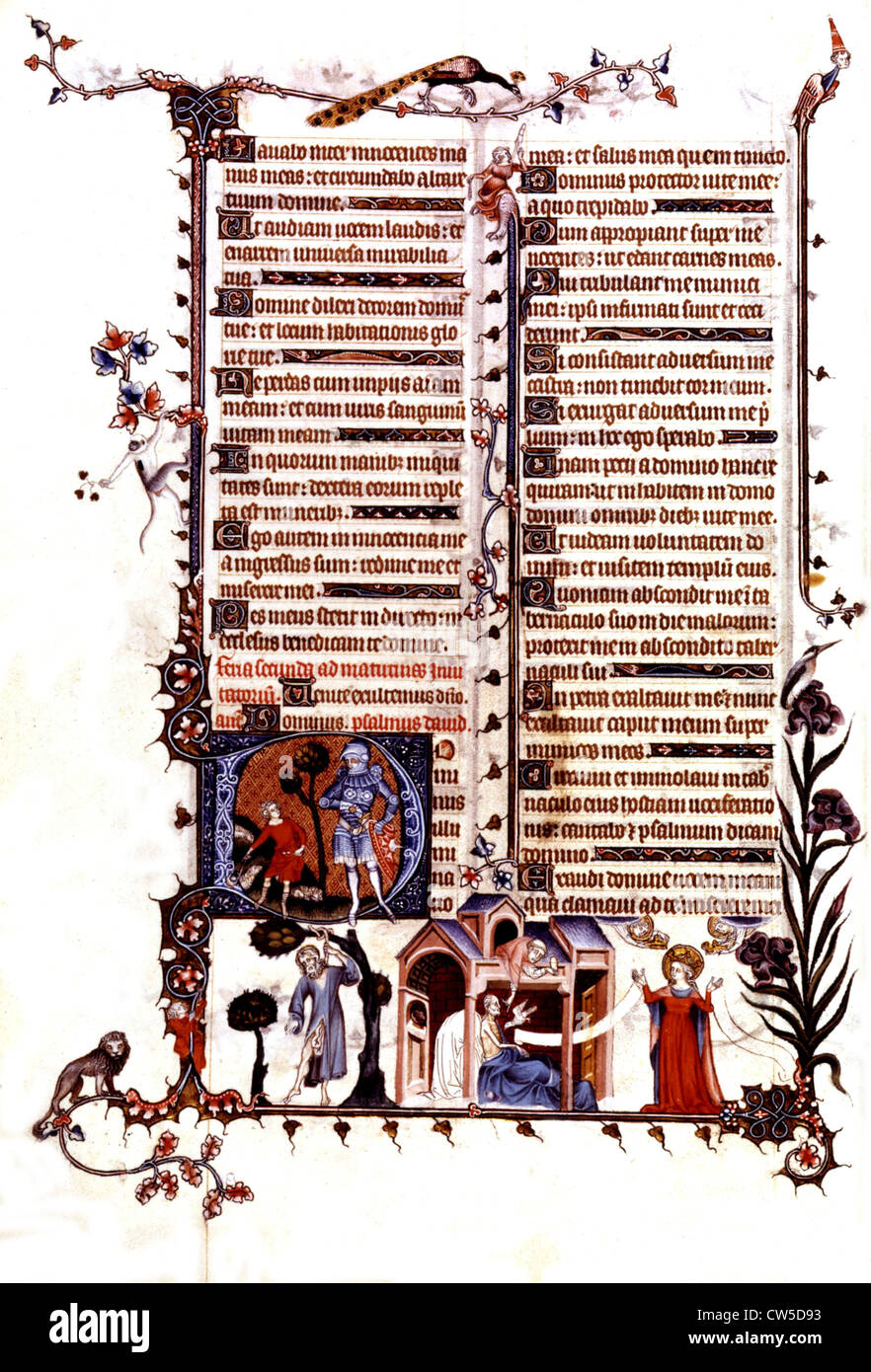 Brevier Belleville aus Jean Pucelle Studio: David und Goliath Judas Extrème Onction Ölung Hoffnung hängen Stockfoto Brevier Belleville aus Jean Pucelle Studio: David und Goliath Judas Extrème Onction Ölung Hoffnung hängen Stockfoto