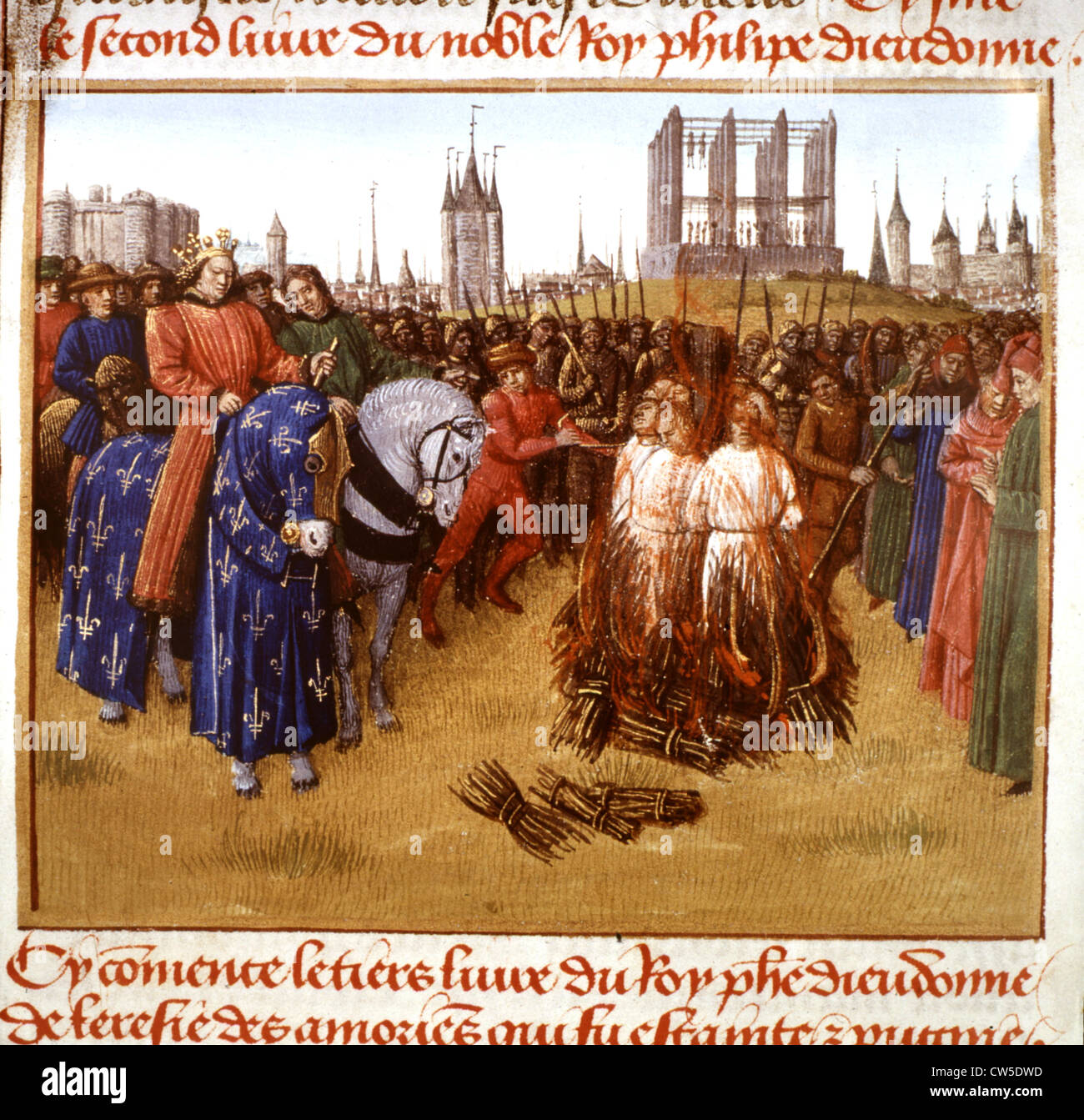 Jean Fouquet, Folter der Ketzer in Paris in Anwesenheit des französischen Königs Stockfoto