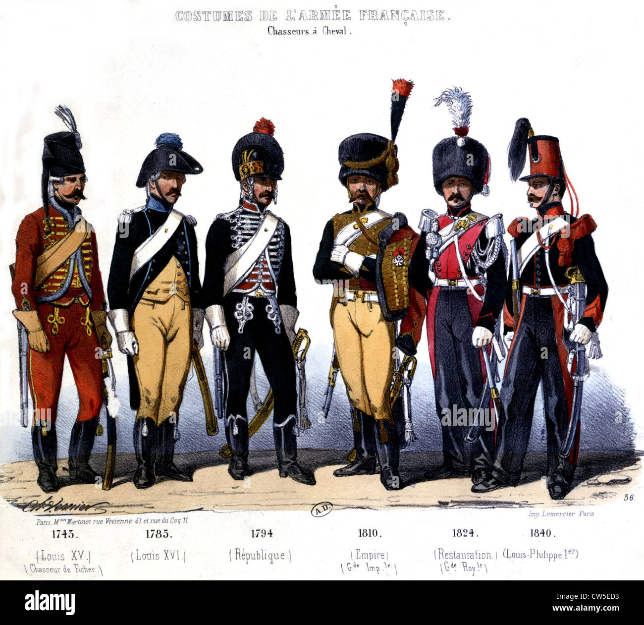 Lithographie von Vernier. Französische Armee-Uniformen: Kavalleristen von 1745 bis 1840 Stockfoto