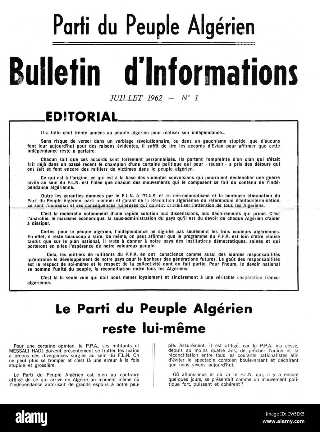 Broschüre der algerische Partei (P.P.A.), Recto Stockfoto