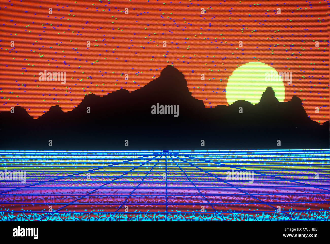 Frühe Computergrafik eines Berges mit Sonnenuntergang Stockfoto