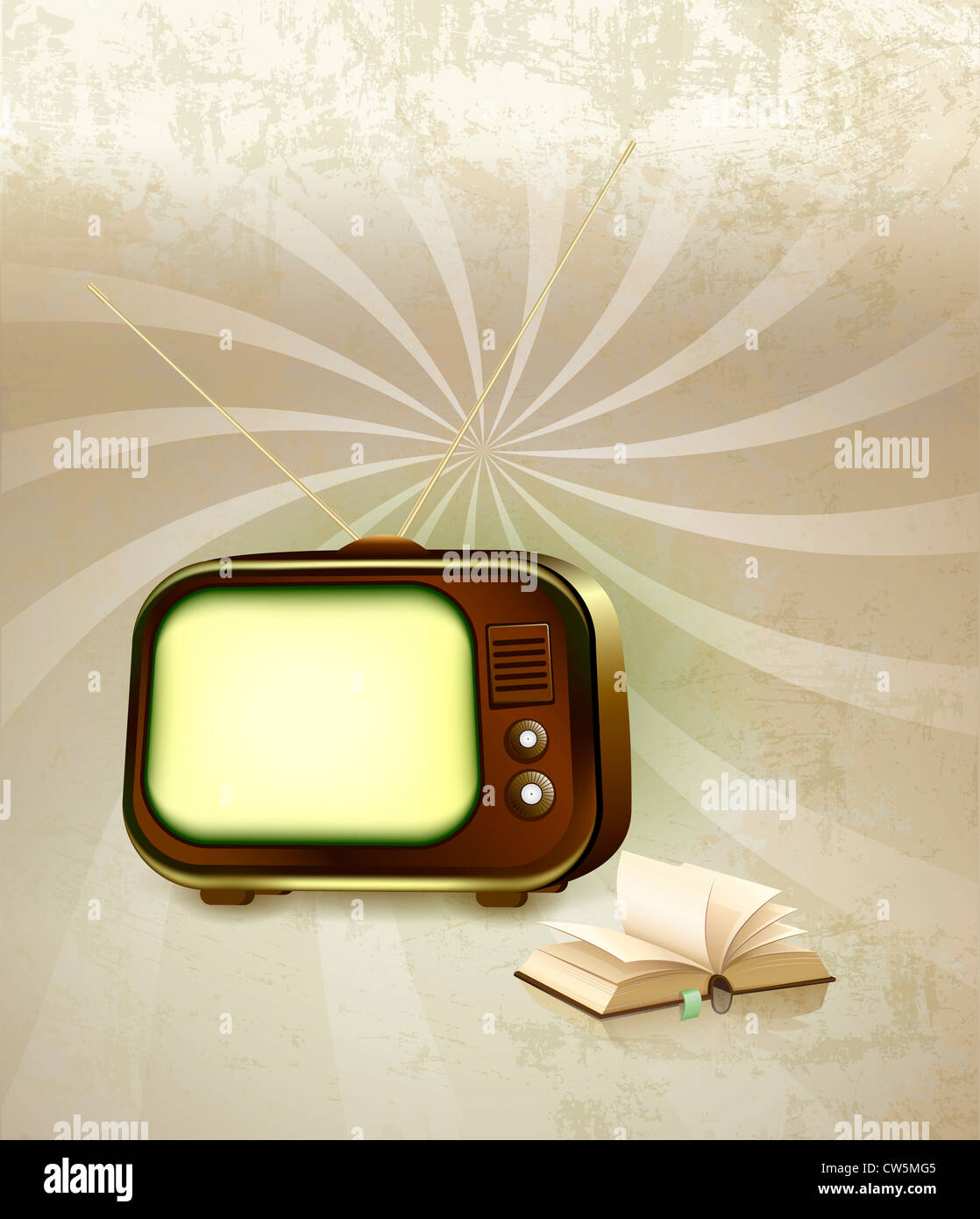 Alte Retro TV mit Buch-Hintergrund Stockfoto