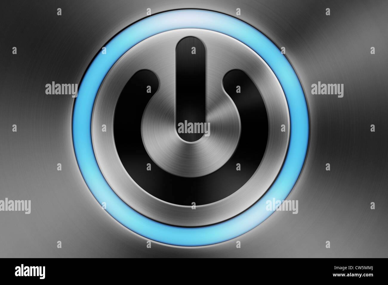 Eine blau leuchtende Computer Power/Standby- Taste auf einem Besen Aluminium Apple Mac style Hintergrund Stockfoto