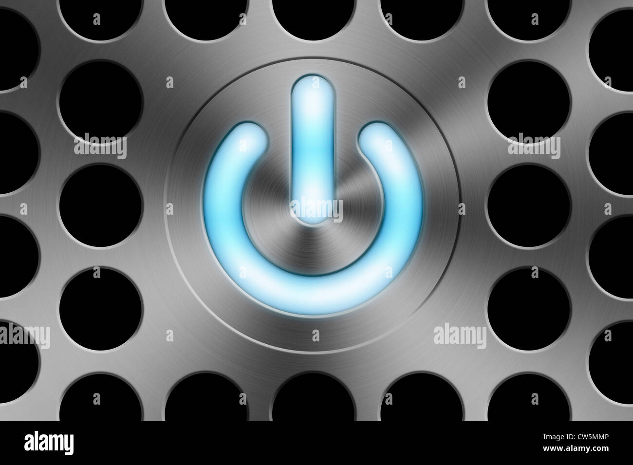 Eine blau leuchtende Computer Power/Standby- Taste auf einem Besen Aluminium Apple Mac style Hintergrund Stockfoto