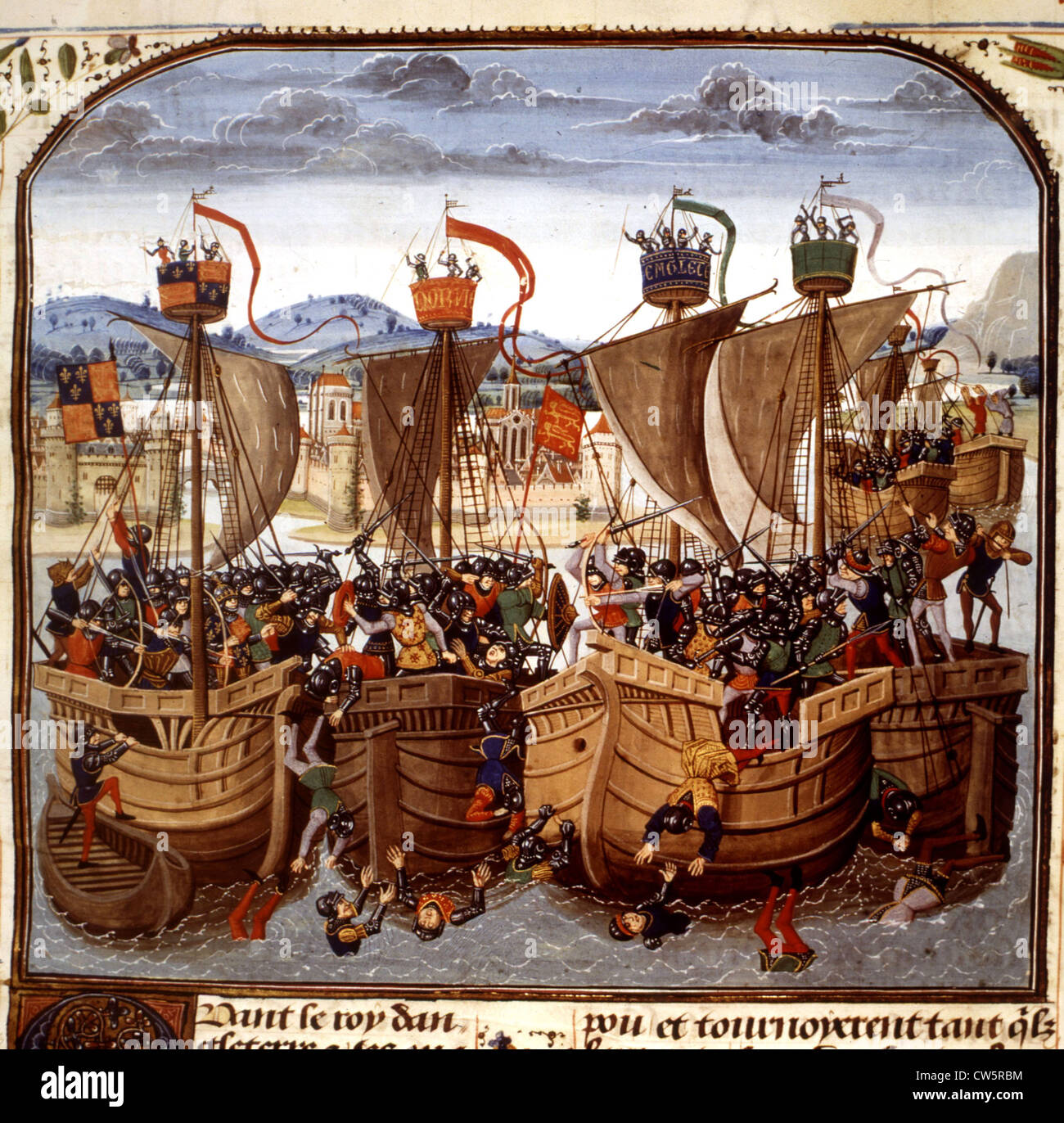 Seeschlacht vor der Küste von Sluys (Ecluse, in französischer Sprache), in "Chronicles" von Jean Froissart Stockfoto