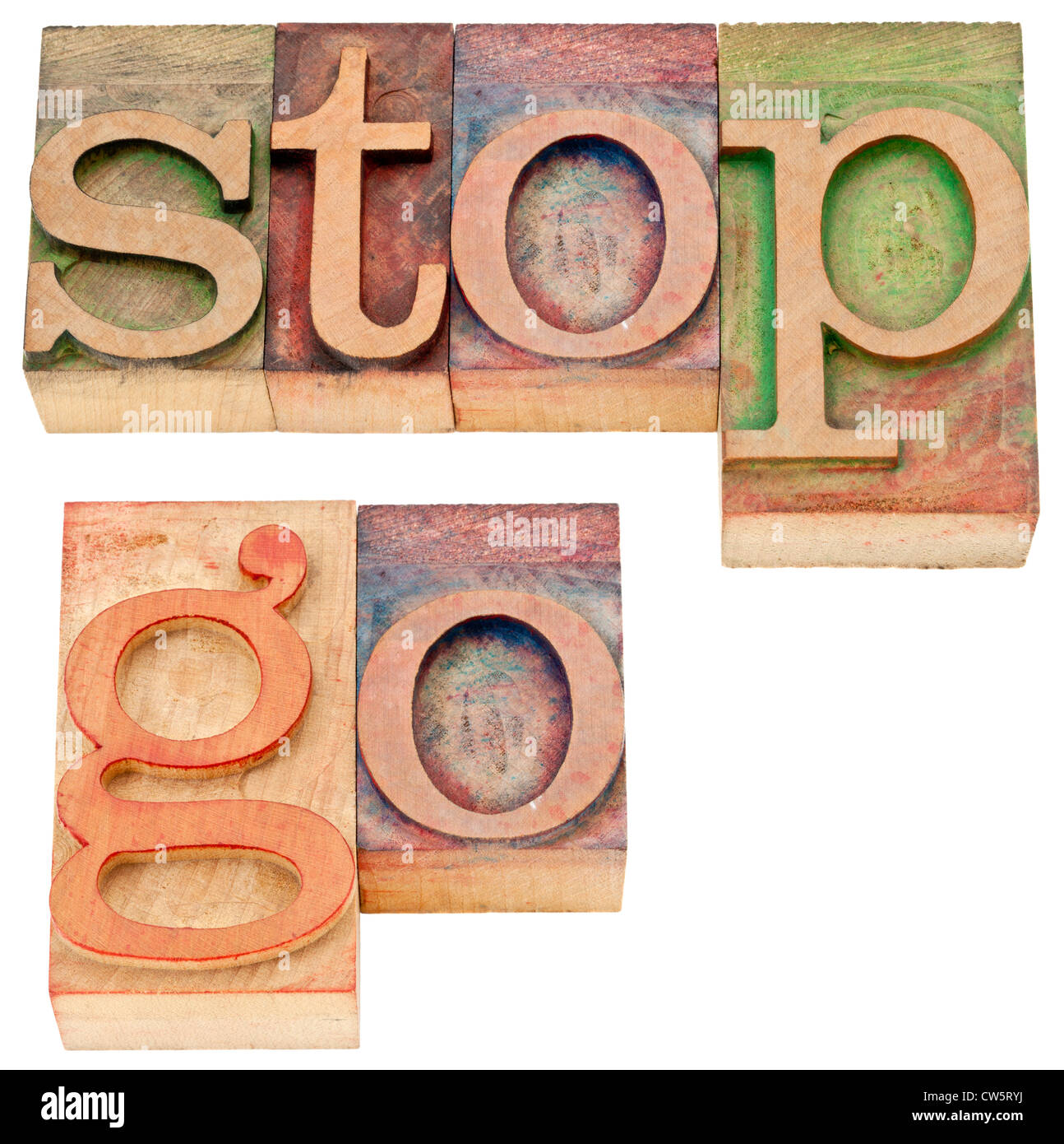 Stop &amp; go - isolierte Wörter in Vintage Buchdruck Holzart Stockfoto
