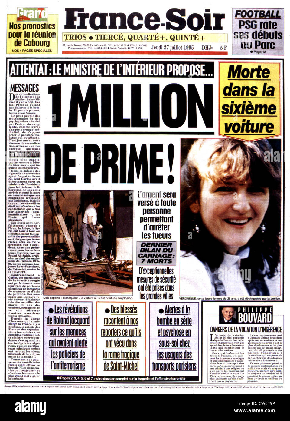 Eine Ausgabe der Zeitung "France-Soir. Paris. Nach dem Angriff in der R.E.R an der Station Saint-Michel Stockfoto