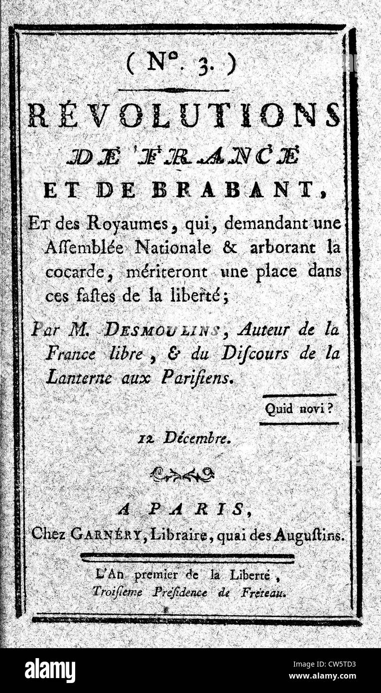 n ° 3 "Revolutionen von Frankreich und Brabant", 12. Dezember 1789. Veröffentlichung von Camille Desmoulins Stockfoto