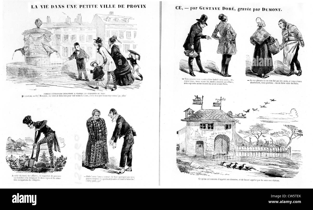 Gustave Doré. Das Leben in einem kleinen Dorf auf dem Lande. Entnommen aus der Publikation "Journal Pour Rire" Gravur Stockfoto