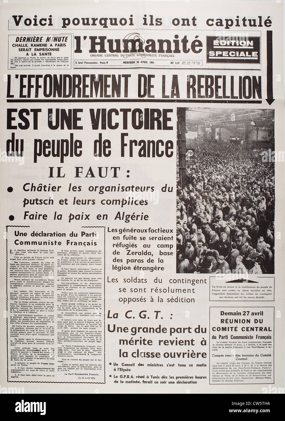 Startseite von der Zeitung "L ' Humanité", 26. April 1961 Stockfoto