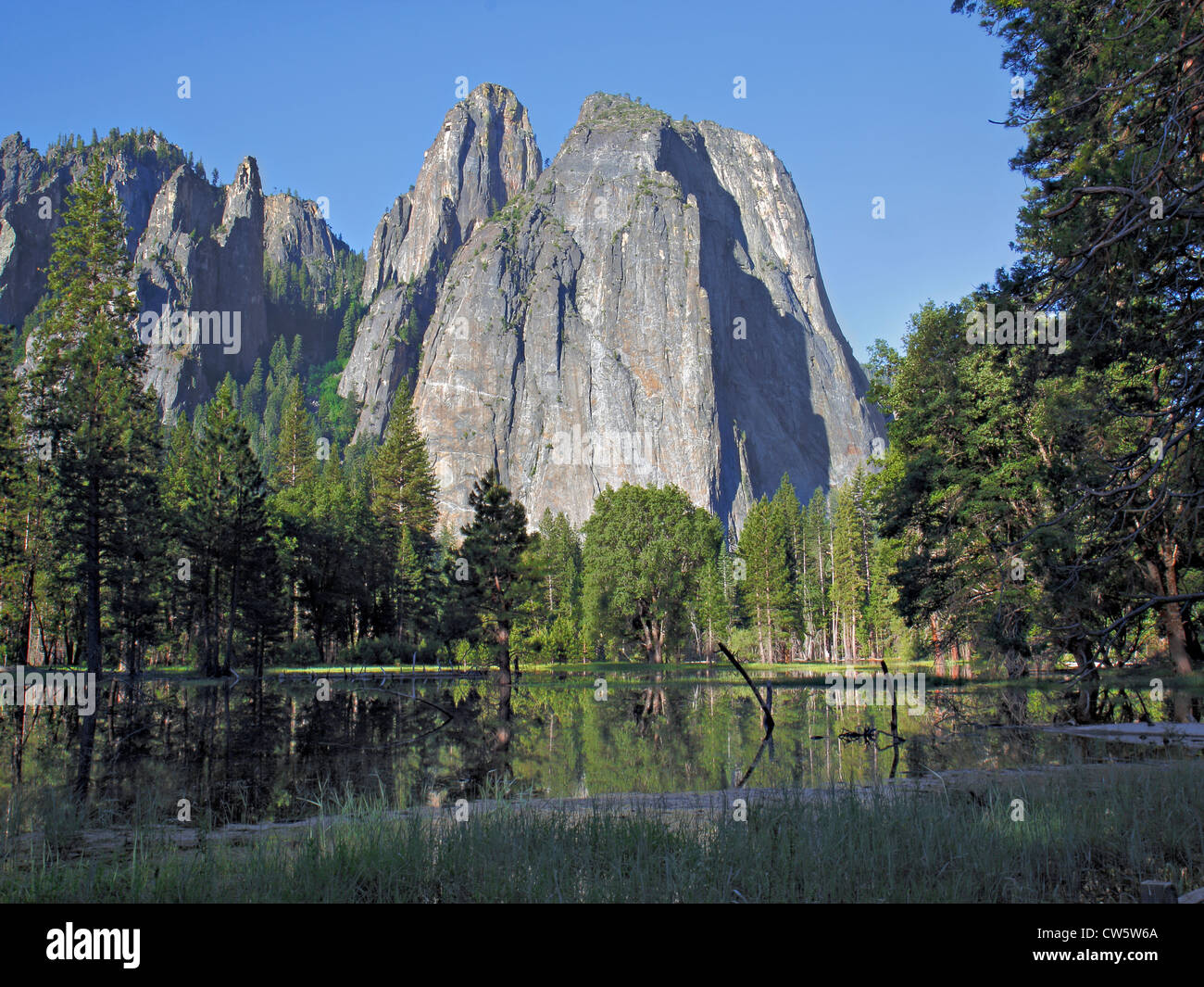 Granit Mountain mit Pinien und Reflexion am Wasser im Vordergrund Stockfoto