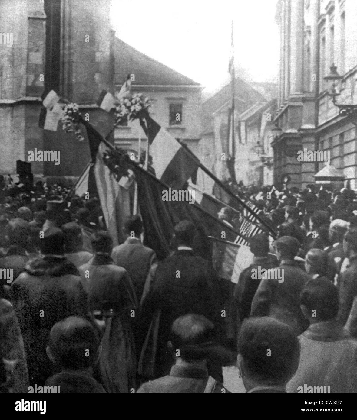 In Agram, eine Menschenmenge Verpfändung einen Eid vor den Flaggen der neuen jugoslawischen Regierung (1919) Stockfoto