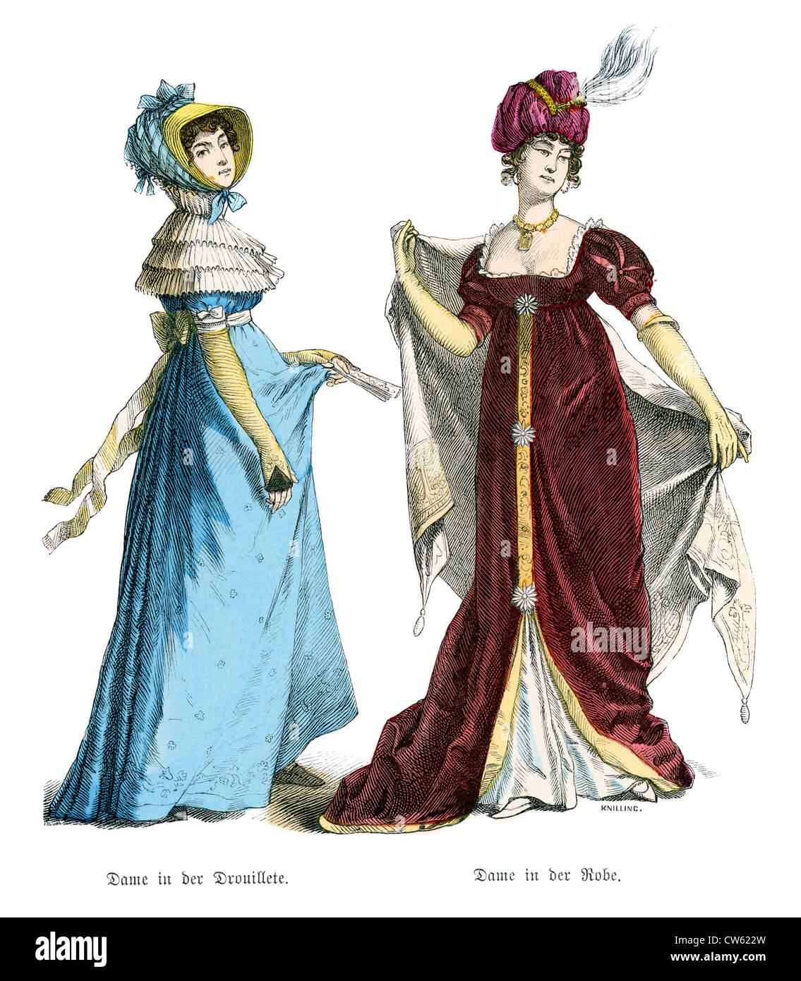 Junge Frauen im frühen 19. Jahrhundert Kostüm. Lady in eine Drouillette und die Dame in ein Gewand Stockfoto