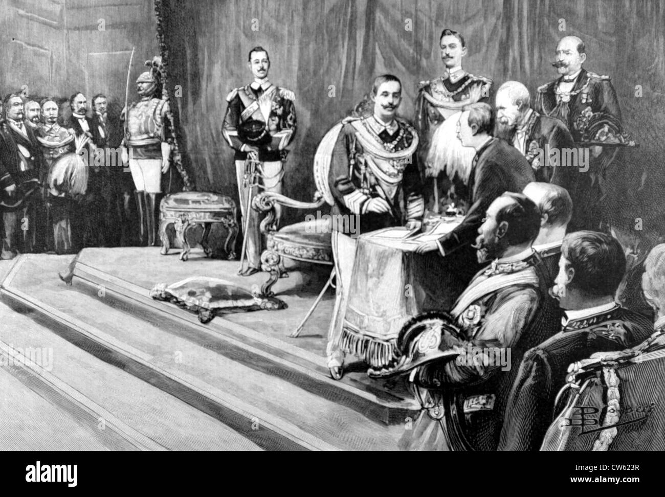 König Victor Emmanuel III Unterzeichnung der Eid-Formel in Rom (1900) Stockfoto