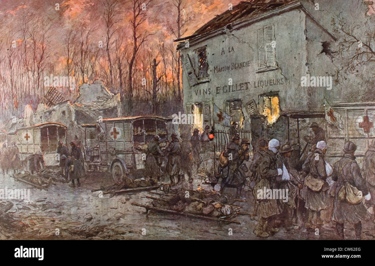 Ersten Weltkrieg Evakuierung von verwundeten Soldaten auf eine erste-Hilfe-Posten (Aquarell von Georges Scott, 1918) Stockfoto