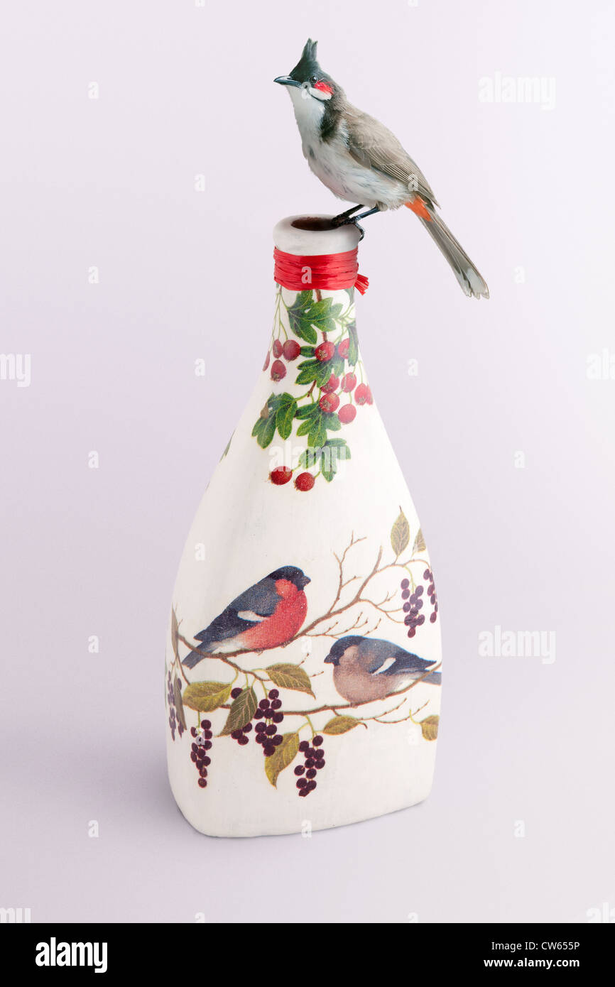 Vogel auf einer schönen Decoupage-Flasche Stockfoto