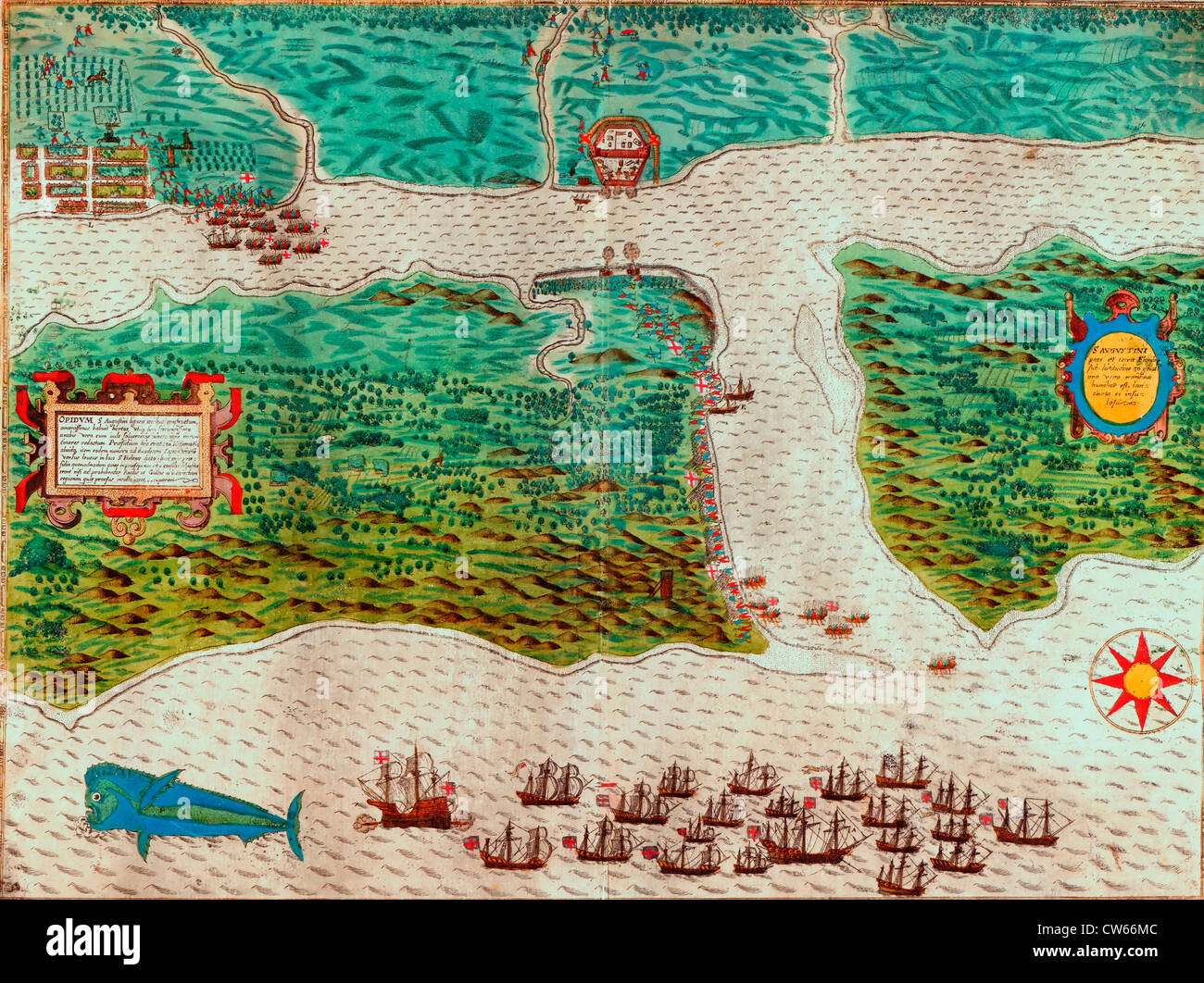 Karte und Ansichten zur Veranschaulichung Sir Francis Drake Westindischen Reise, 1585-6 Stockfoto