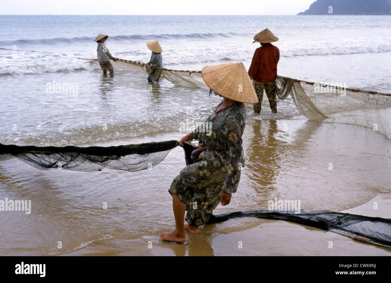 Frauen fangen Fischernetze am Strand, Bucht von Dai Lanh, Vietnam, Nha Trang Stockfoto