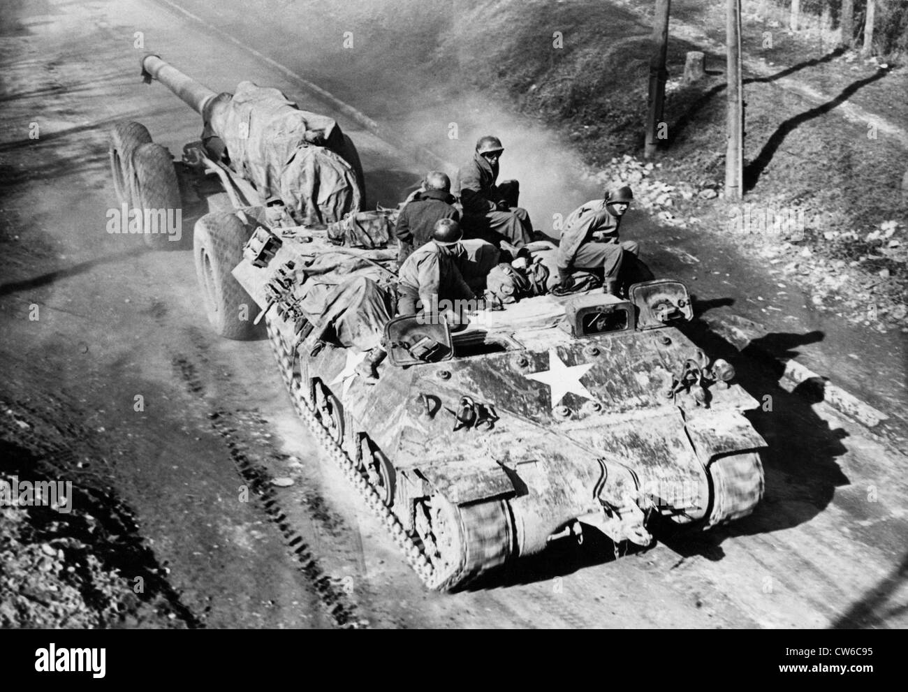 Gepanzerte Traktor mit US-Gewehr in Ostfrankreich (1945) Stockfoto