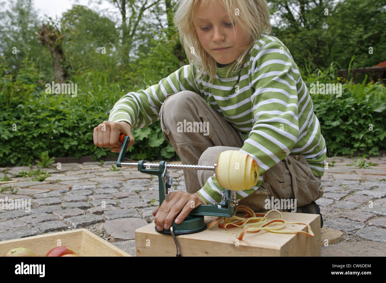 Kinder machen einen Apfel Dörrgerät; Kind ist schälen und schneiden einen  Apfel mit einem Apfel-Schälmaschine, Deutschland Stockfotografie - Alamy