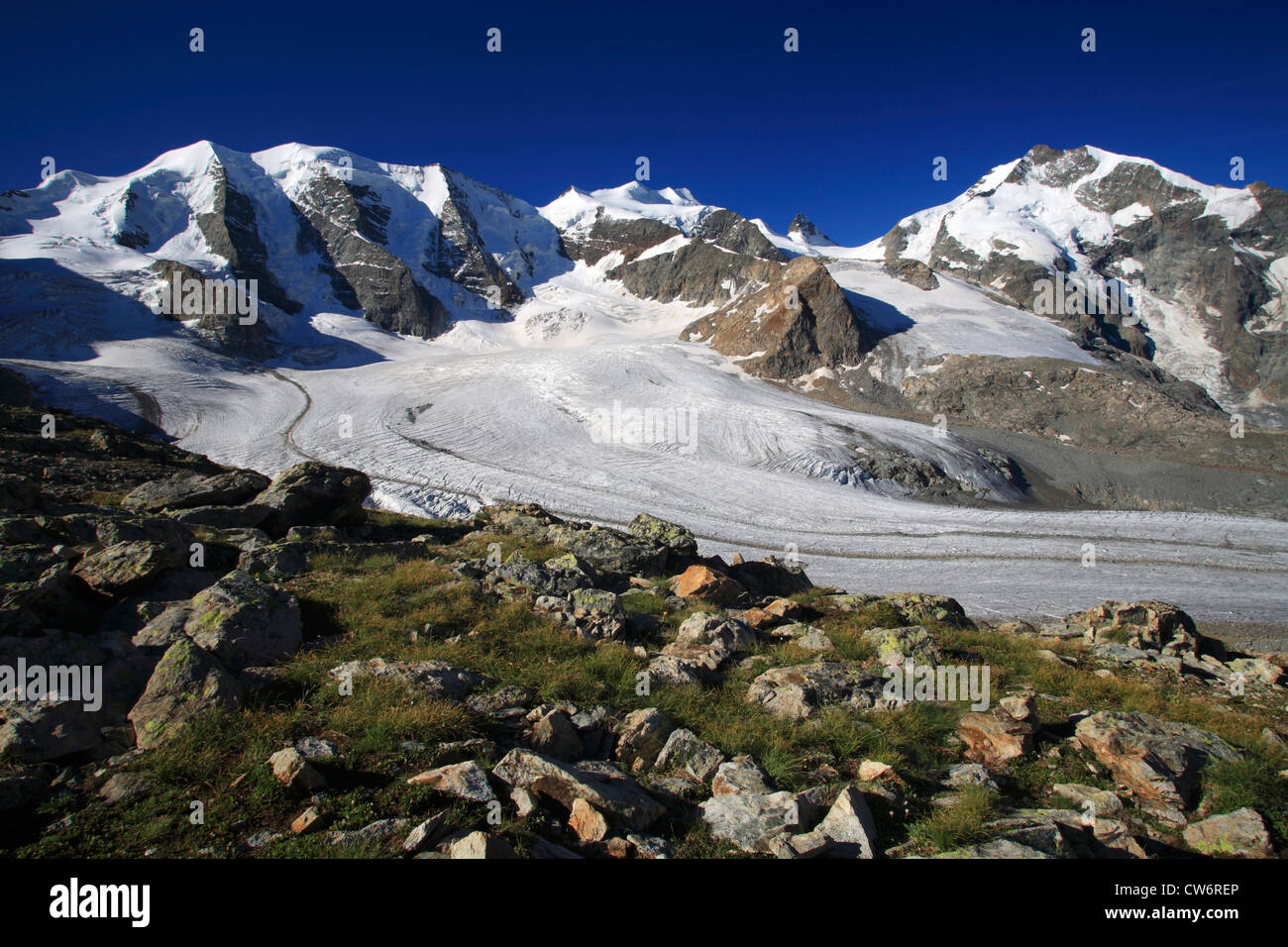 Blick vom Diavolezza auf Piz Palue, Bellavista, Piz Bernina, Pers-Gletscher (Vadret Pers), der Schweiz, Bündner, Engadiner, Bernina-Diavolezza Stockfoto